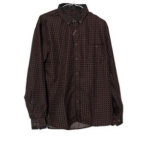 Men's Square Print Brown Long Sleeve Dress Shirt
